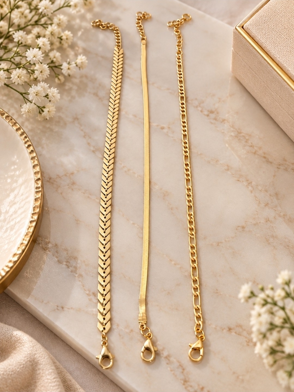 Women's Gold Layered Bracelet Set - 3-Piece Fashion Chains
